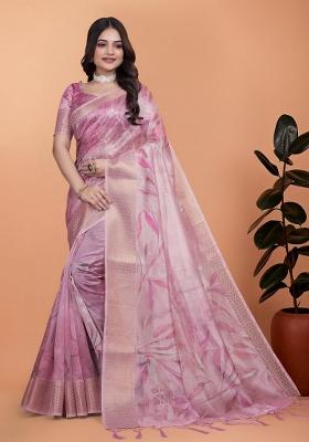 Baby Pink Zari Work Silk Blend Saree Set