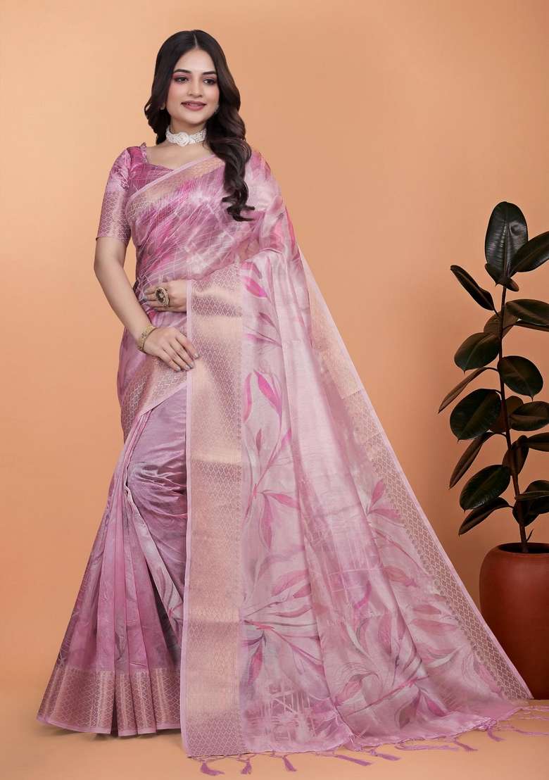 Baby Pink Zari Work Silk Blend Saree Set for Diwali and Festive Wear - Indya
