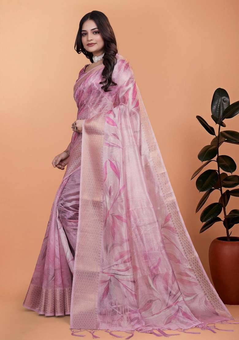 Baby Pink Zari Work Silk Blend Saree Set for Diwali and Festive Wear - Indya