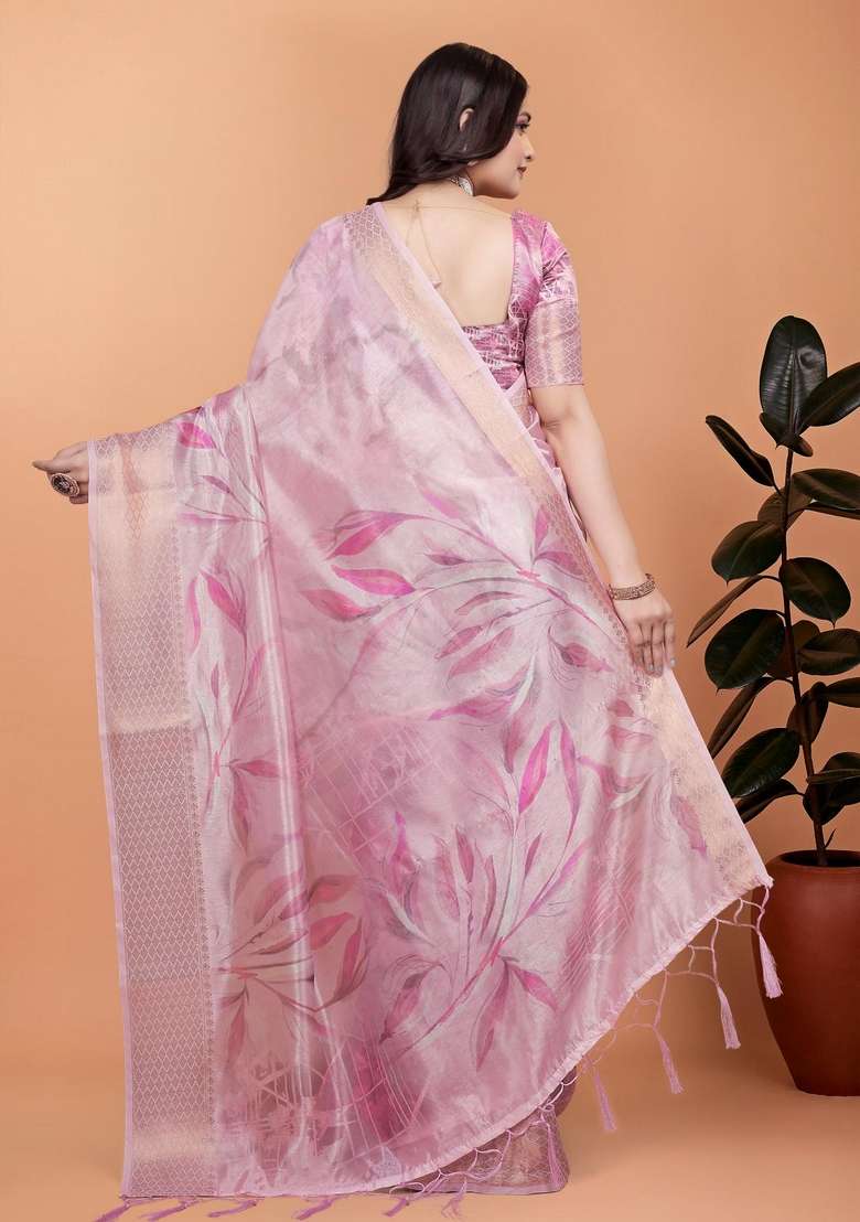 Baby Pink Zari Work Silk Blend Saree Set for Diwali and Festive Wear - Indya