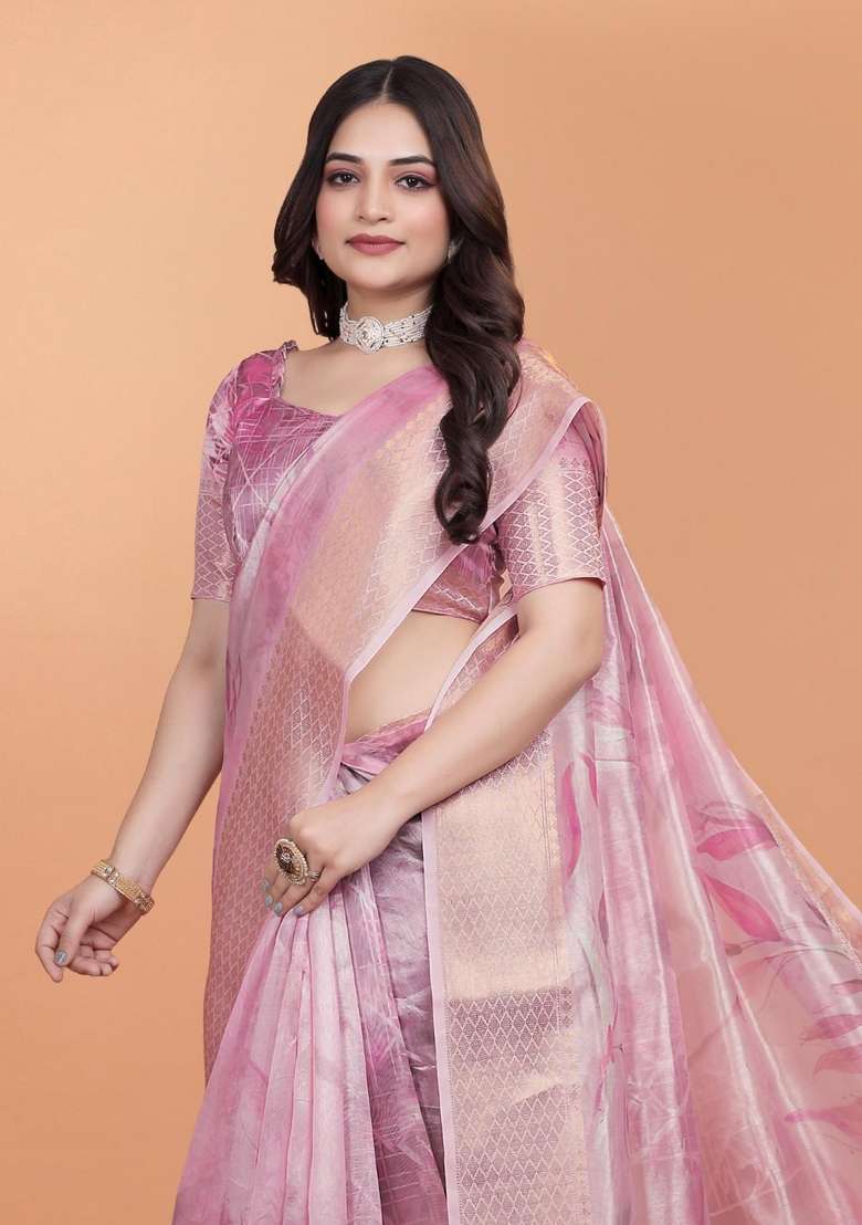Baby Pink Zari Work Silk Blend Saree Set for Diwali and Festive Wear - Indya