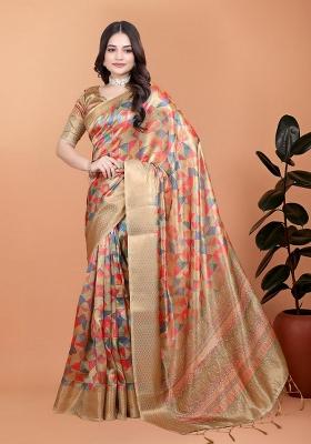 Cream Zari Work Silk Blend Saree Set