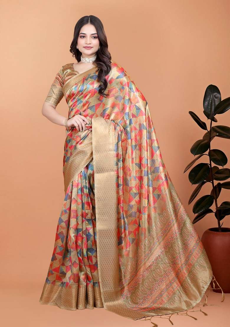 Cream Silk Blend Saree Set with Zari Work for Diwali | Wedding & Festive Wear - Indya