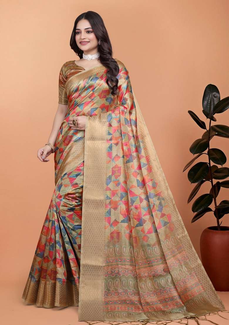 Cream Silk Blend Saree Set with Zari Work for Diwali | Wedding & Festive Wear - Indya