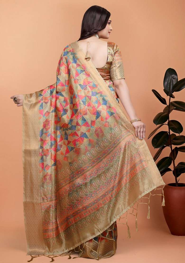 Cream Silk Blend Saree Set with Zari Work for Diwali | Wedding & Festive Wear - Indya