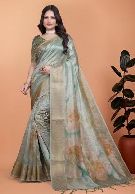 Sky Blue Zari Work Silk Blend Saree Set
