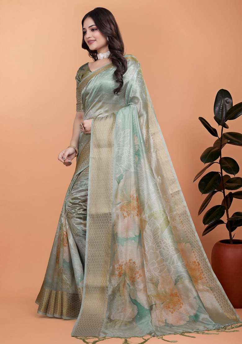 Sky Blue Zari Work Silk Blend Saree Set for Diwali and Festive Wear - Indya