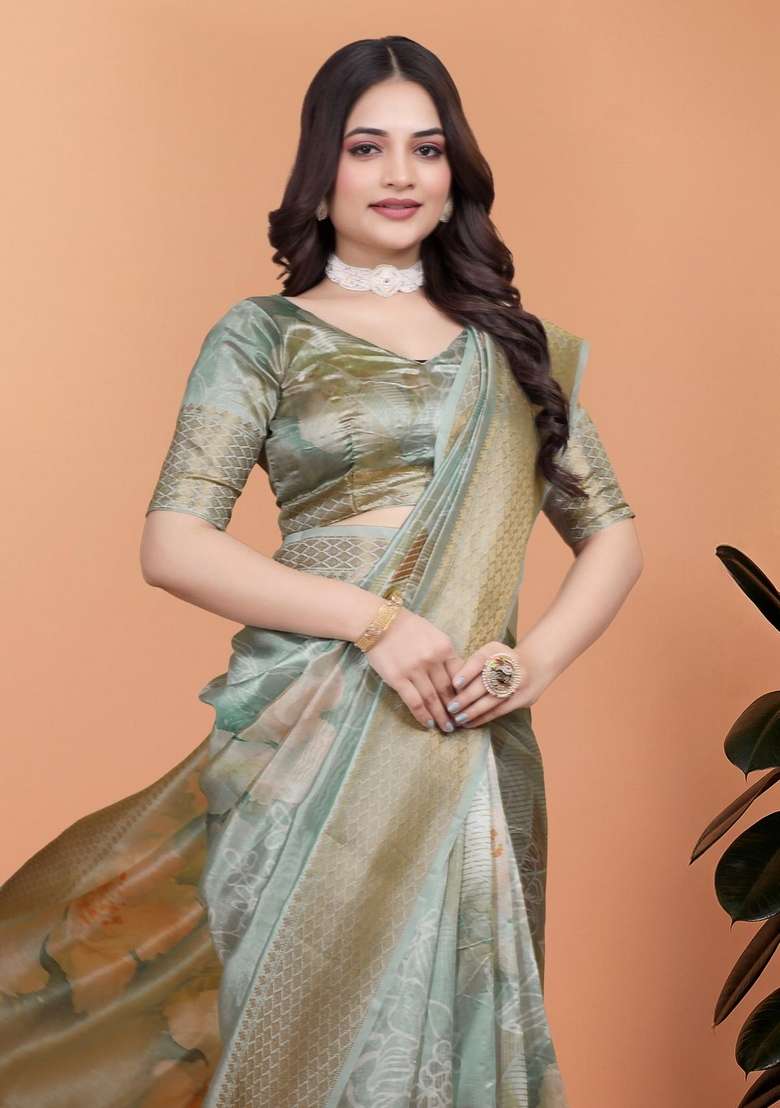 Sky Blue Zari Work Silk Blend Saree Set for Diwali and Festive Wear - Indya