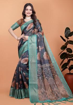 Black Zari Work Silk Blend Saree Set