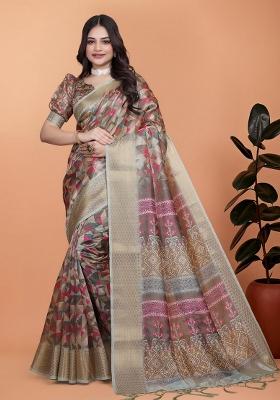 Brown Zari Work Silk Blend Saree Set