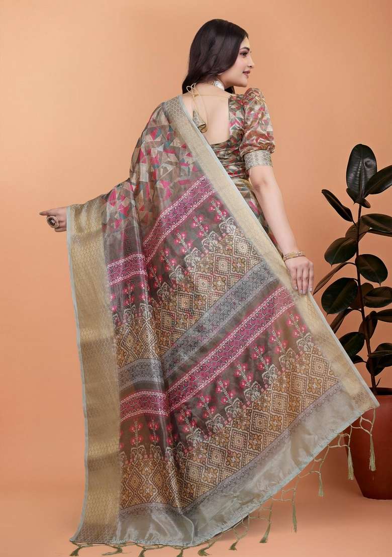 Brown Silk Blend Saree Set with Zari Work for Diwali | Wedding & Festive Wear - Indya