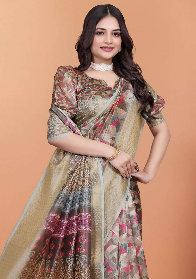 Brown Silk Blend Saree Set with Zari Work for Diwali | Wedding & Festive Wear - Indya