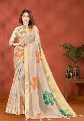 Golden Zari Work Silk Blend Saree Set