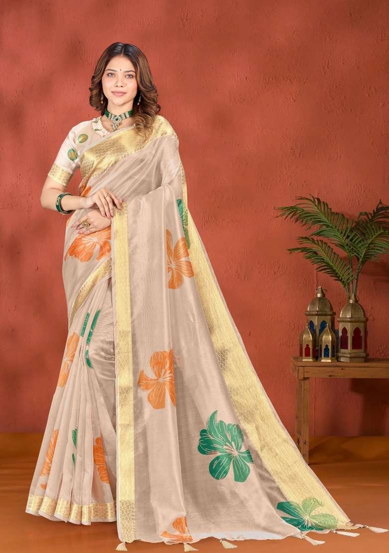 Golden Zari Work Silk Blend Saree Set for Diwali and Festive Wear - Indya