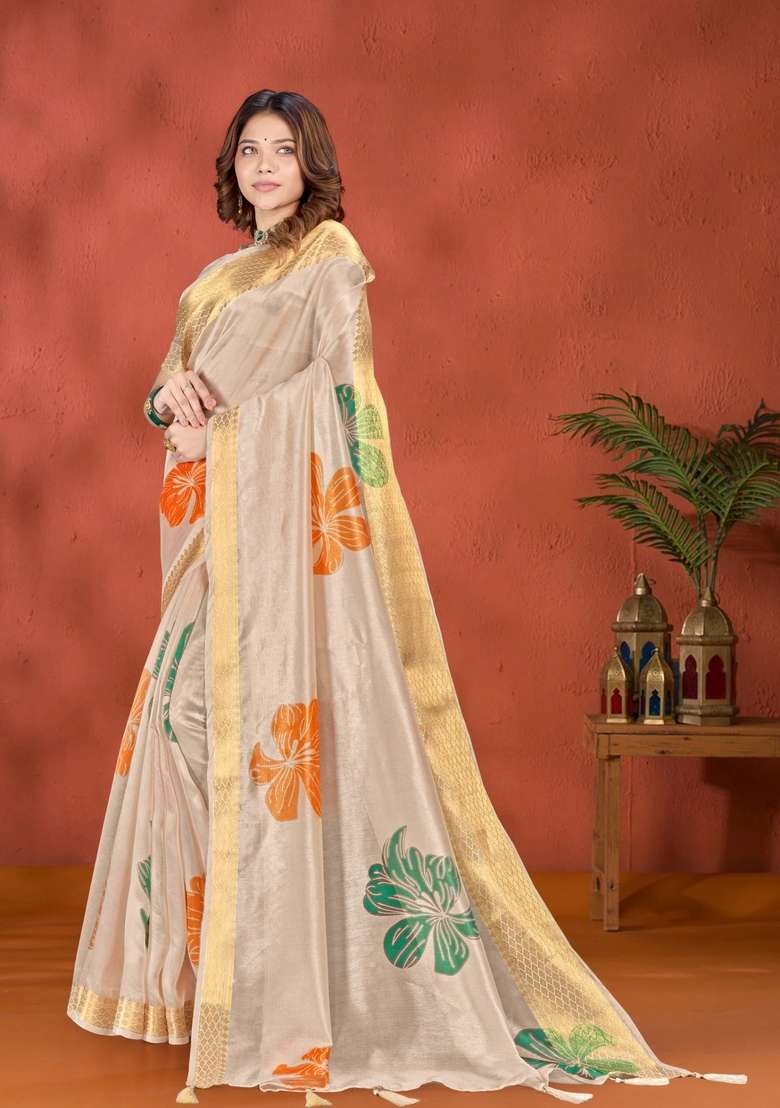 Golden Zari Work Silk Blend Saree Set for Diwali and Festive Wear - Indya