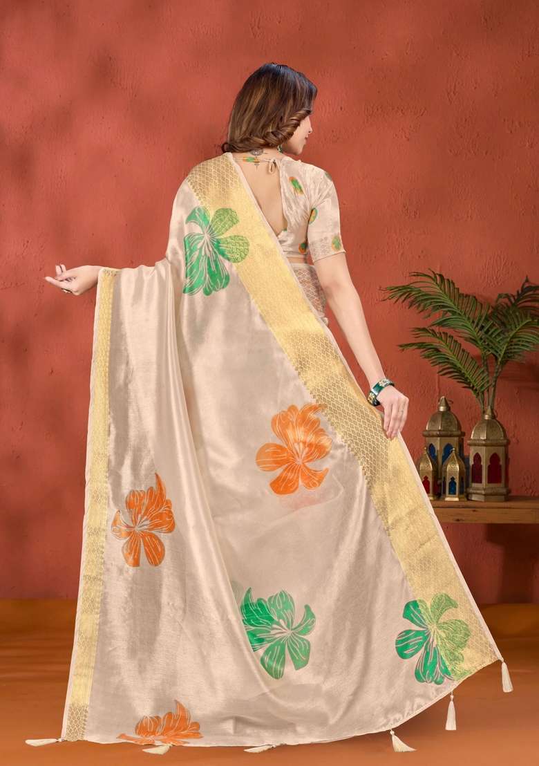 Golden Zari Work Silk Blend Saree Set for Diwali and Festive Wear - Indya
