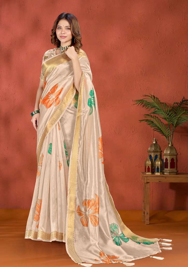 Golden Zari Work Silk Blend Saree Set for Diwali and Festive Wear - Indya