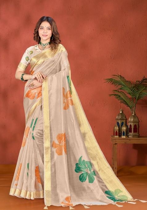 Golden Zari Work Silk Saree Set — view on Indya