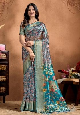 Teal Zari Work Silk Blend Saree Set
