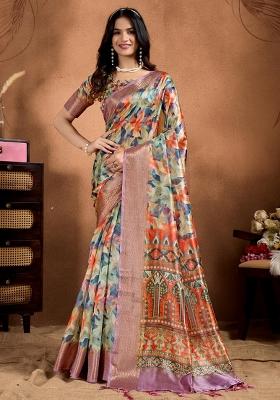 Multicolor Zari Work Silk Blend Saree Set