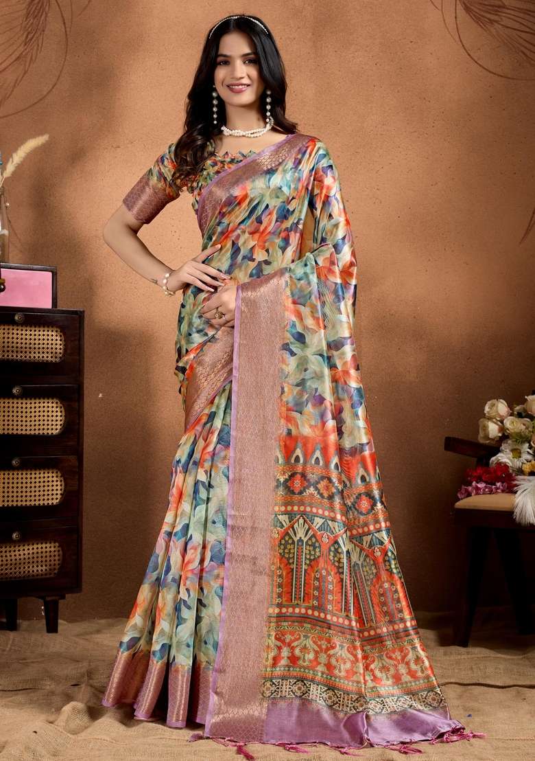Multicolor Silk Blend Saree Set with Zari Work for Diwali | Wedding & Festive Wear - Indya