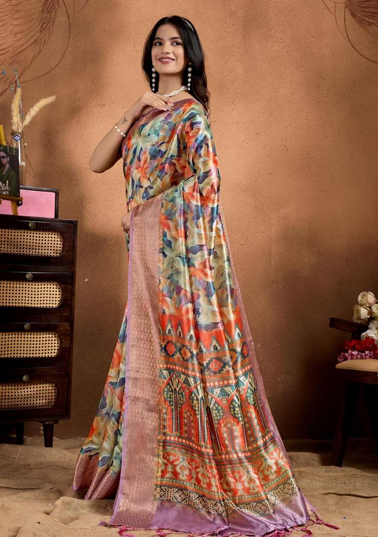 Multicolor Silk Blend Saree Set with Zari Work for Diwali | Wedding & Festive Wear - Indya