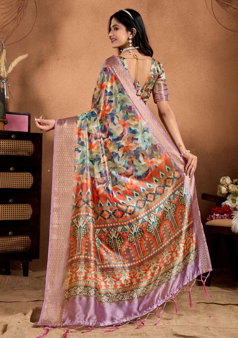 Multicolor Silk Blend Saree Set with Zari Work for Diwali | Wedding & Festive Wear - Indya