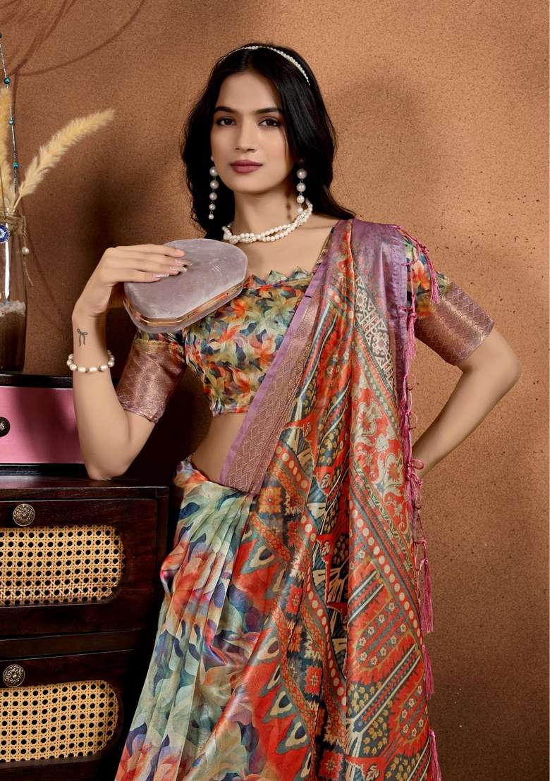 Multicolor Silk Blend Saree Set with Zari Work for Diwali | Wedding & Festive Wear - Indya
