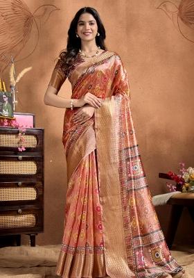 Peach Zari Work Silk Blend Saree Set