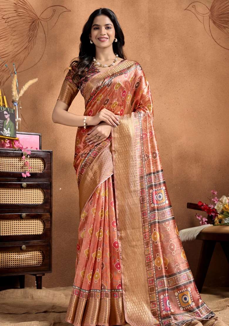 Peach Zari Work Silk Blend Saree Set for Diwali and Festive Wear - Indya
