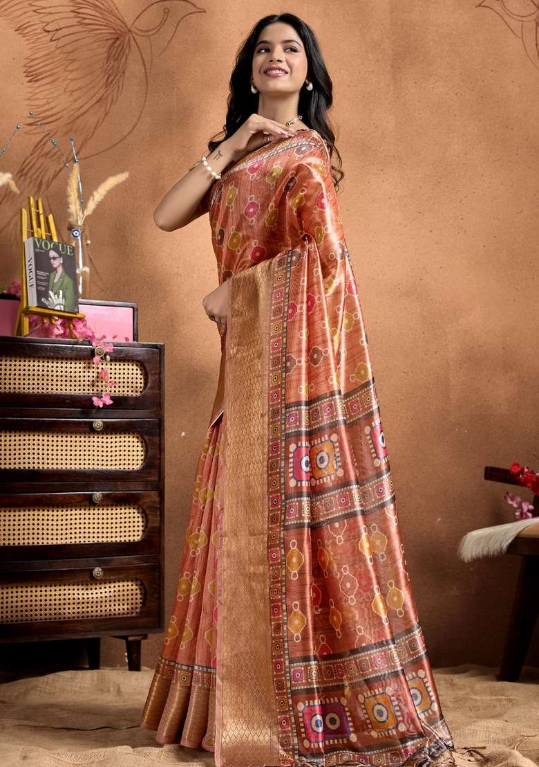 Peach Zari Work Silk Blend Saree Set for Diwali and Festive Wear - Indya