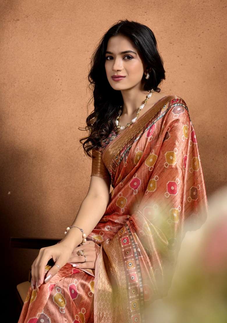 Peach Zari Work Silk Blend Saree Set for Diwali and Festive Wear - Indya