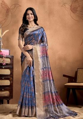 Teal Zari Work Silk Blend Saree Set