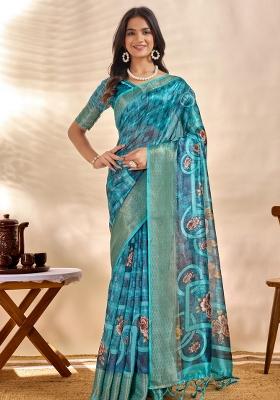 Teal Zari Work Silk Blend Saree Set