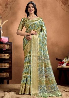Mehendi Zari Work Silk Blend Saree Set