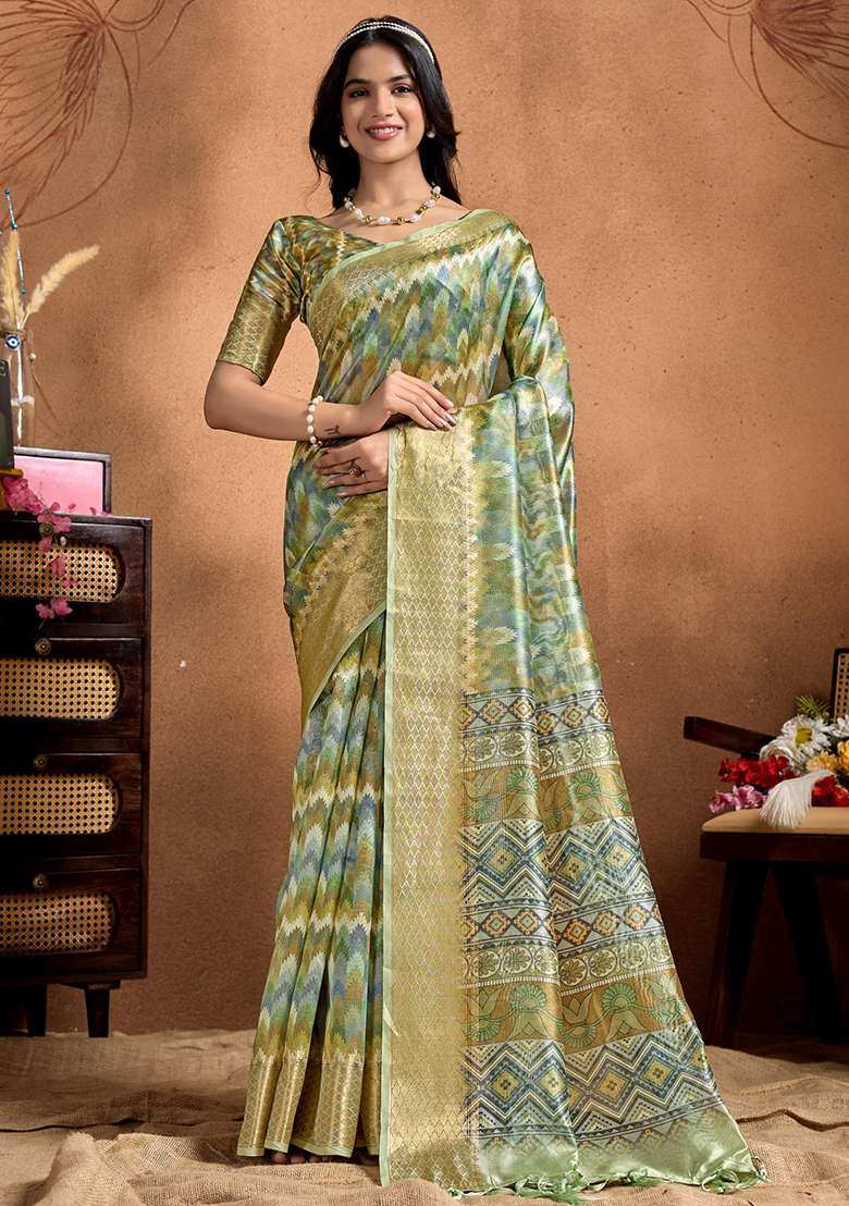 Mehendi Silk Blend Saree Set with Zari Work for Diwali | Wedding & Festive Wear - Indya