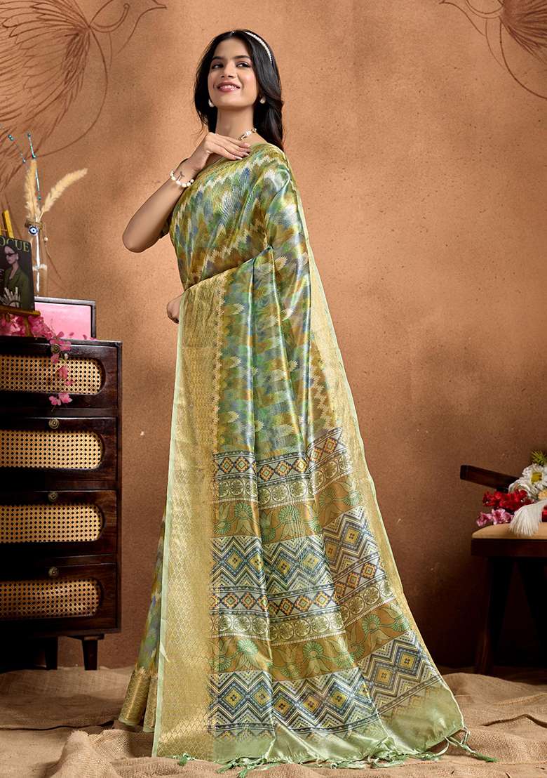 Mehendi Silk Blend Saree Set with Zari Work for Diwali | Wedding & Festive Wear - Indya