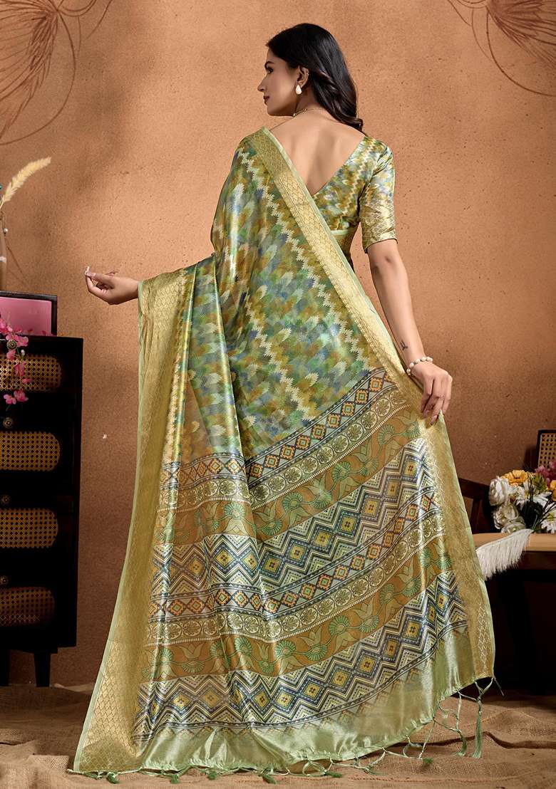 Mehendi Silk Blend Saree Set with Zari Work for Diwali | Wedding & Festive Wear - Indya