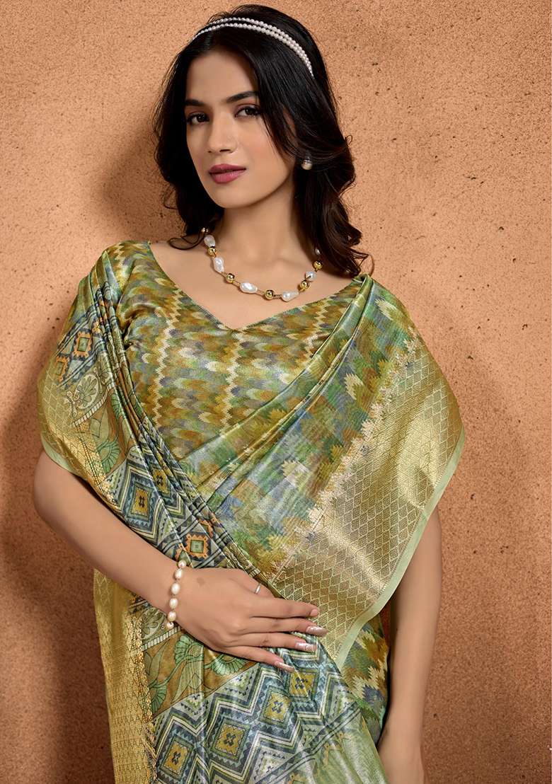 Mehendi Silk Blend Saree Set with Zari Work for Diwali | Wedding & Festive Wear - Indya