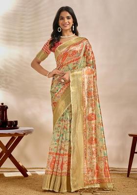 Lemon Zari Work Silk Blend Saree Set