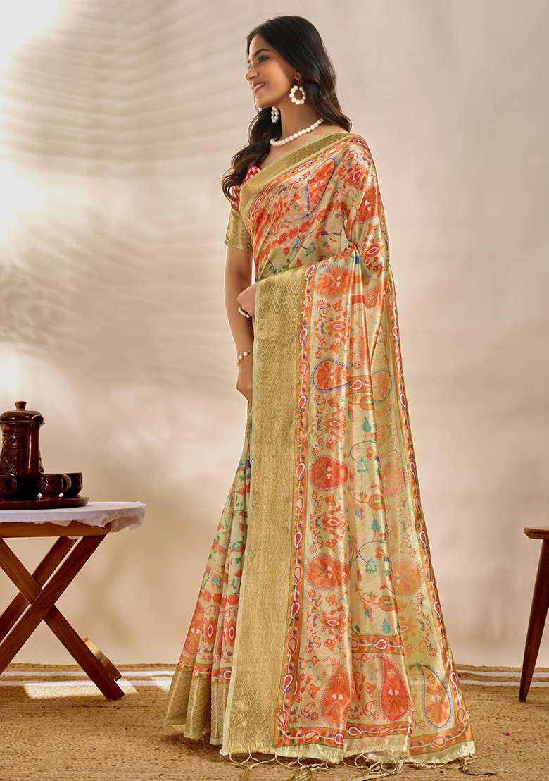Lemon Zari Work Silk Blend Saree Set for Diwali and Festive Wear - Indya