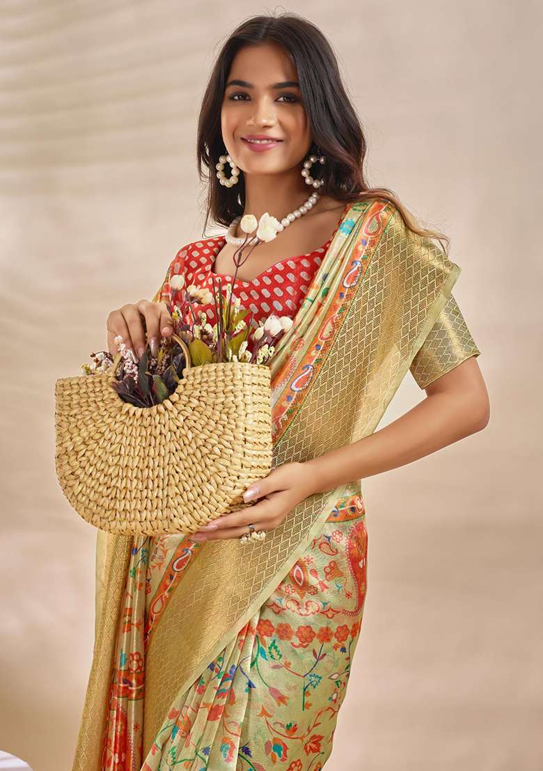 Lemon Zari Work Silk Blend Saree Set for Diwali and Festive Wear - Indya