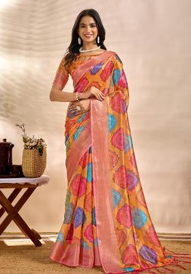 Orange Zari Work Silk Blend Saree Set