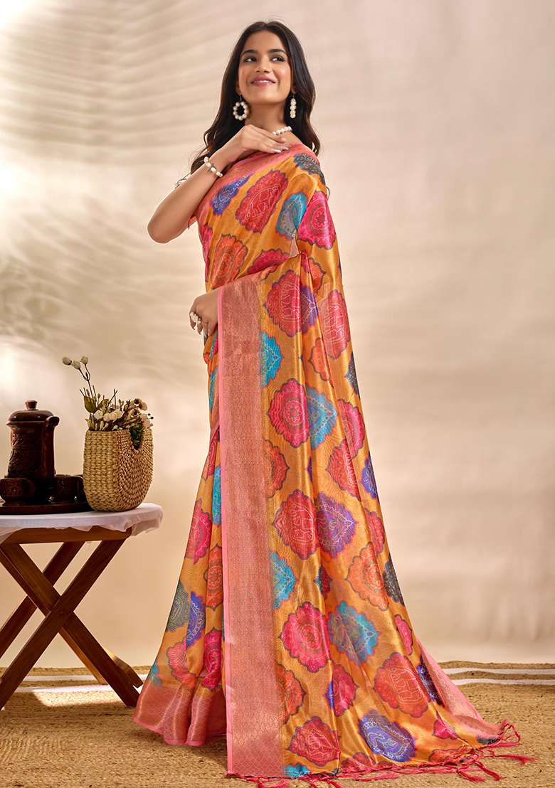 Orange Zari Work Silk Blend Saree Set for Diwali and Festive Wear - Indya