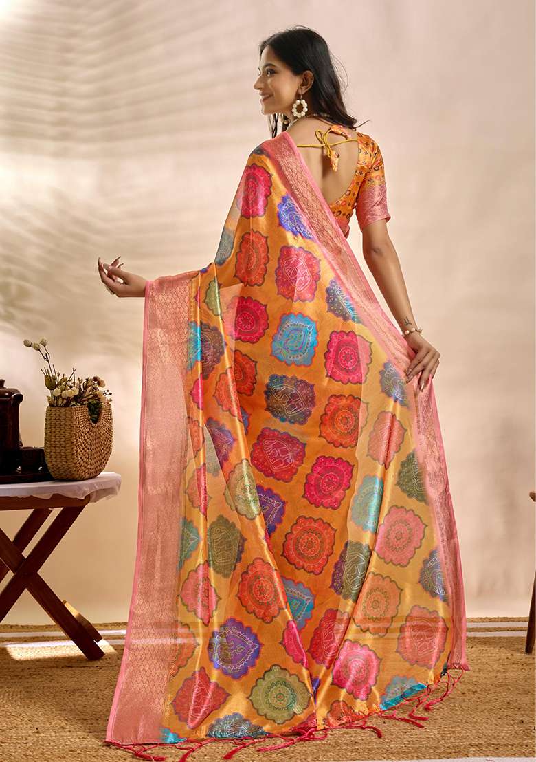 Orange Zari Work Silk Blend Saree Set for Diwali and Festive Wear - Indya