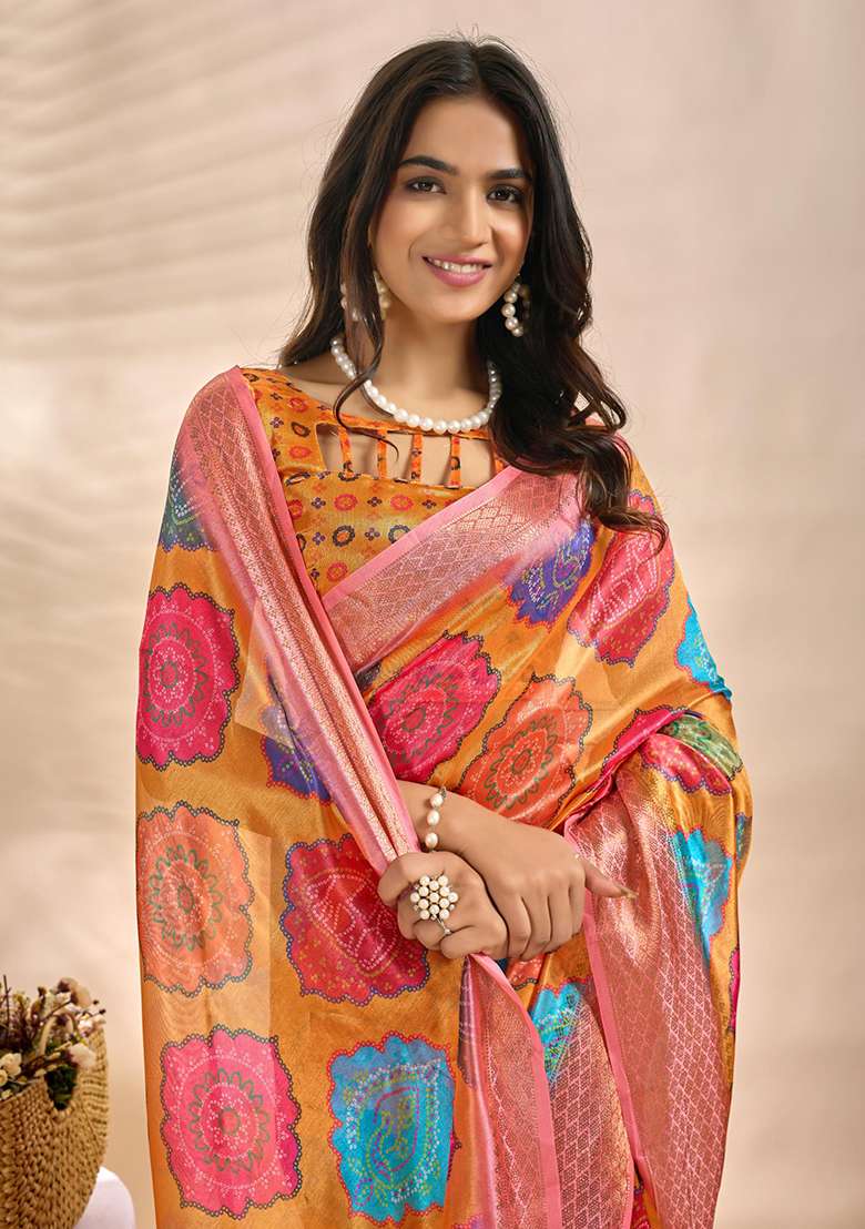 Orange Zari Work Silk Blend Saree Set for Diwali and Festive Wear - Indya