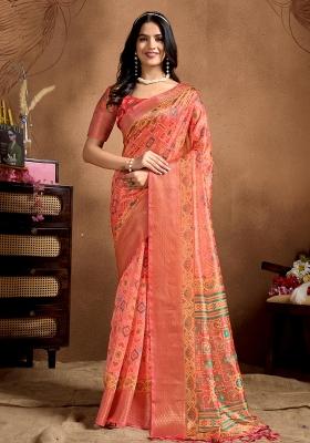 Orange Zari Work Silk Blend Saree Set