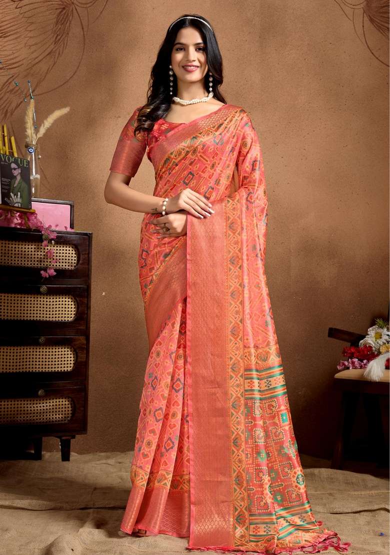 Orange Zari Work Silk Blend Saree Set for Diwali and Festive Wear - Indya