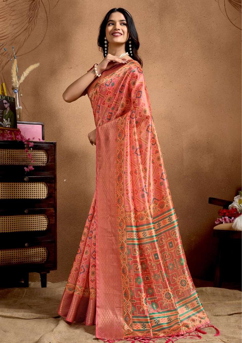 Orange Zari Work Silk Blend Saree Set for Diwali and Festive Wear - Indya