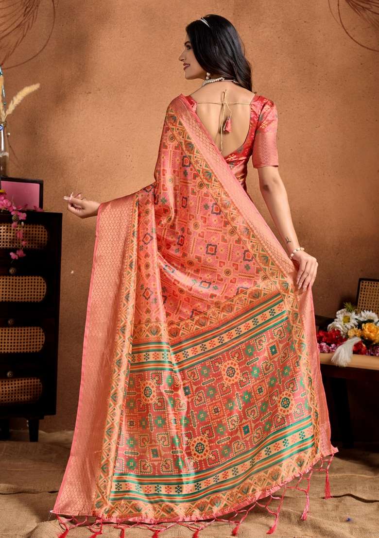 Orange Zari Work Silk Blend Saree Set for Diwali and Festive Wear - Indya